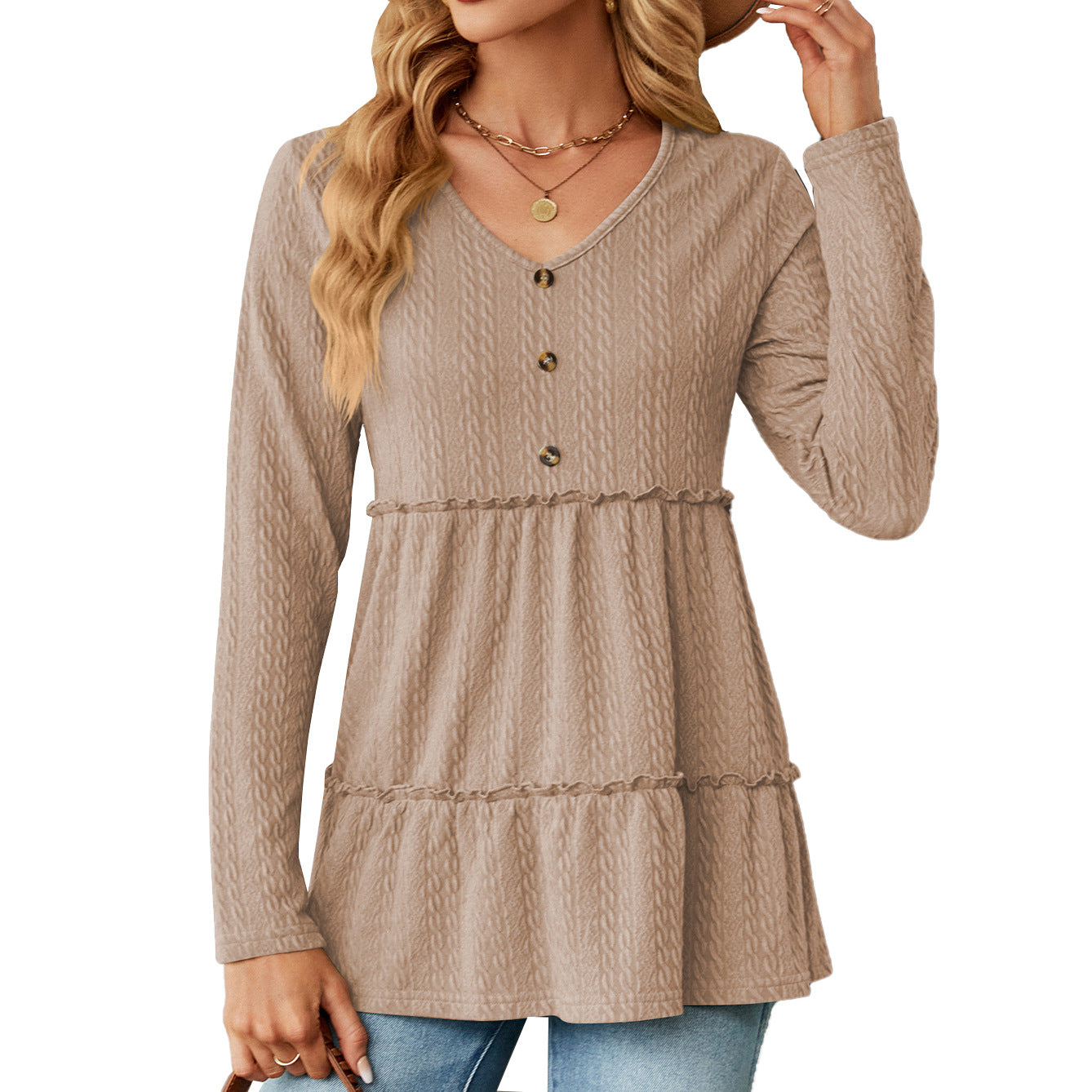 Wholesale Autumn and Winter V-neck Solid Color Button Stitching Long-sleeved Loose Top